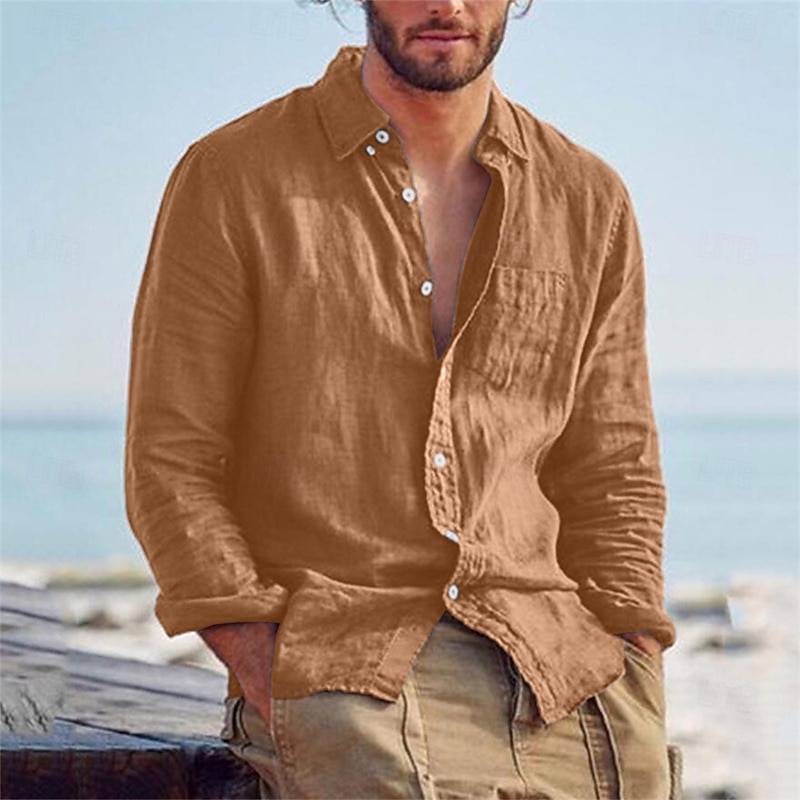 Men's Shirt Linen Shirt Summer Shirt Beach Shirt Untucked Shirts Solid Color Outdoor Vacation Black Brown Green Khaki Long Sleeve Turndown Spring &  Fall Clothing Apparel Button-Down4