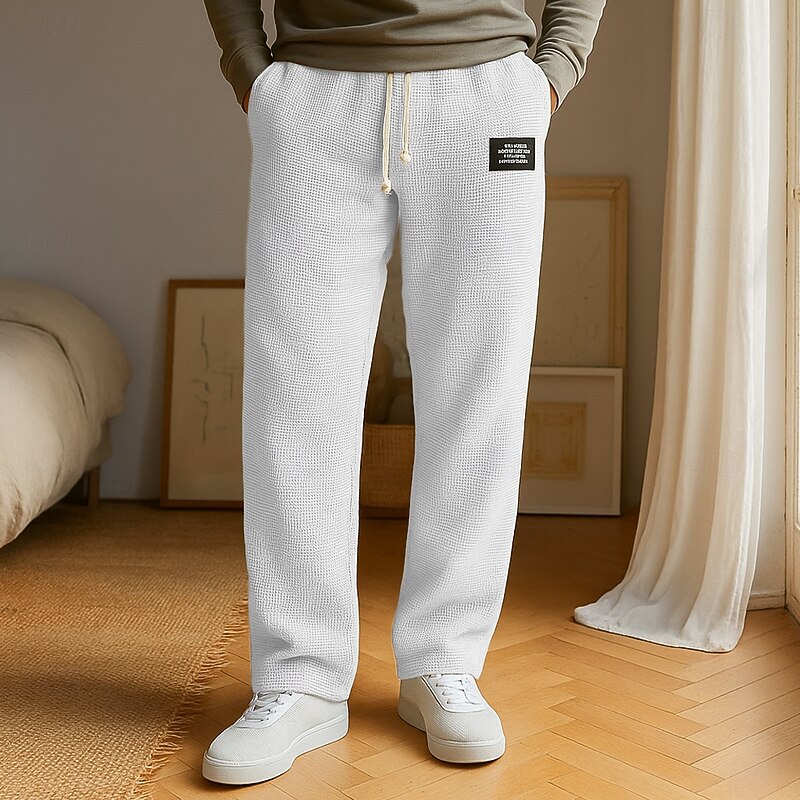 Men's Waffle Slacks Waffle Pants Drawstring Front Pocket Plain Comfort Full Length Outdoor Home Party Fashion Chic & Modern Dark Brown Black Stretchy4