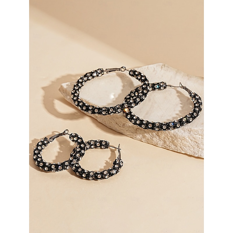 Women's Black Rhinestone Hoop Earrings - Sparkling Gatsby Style Statement Jewelry for Parties, Cocktail Nights and Vintage 1920s Events3
