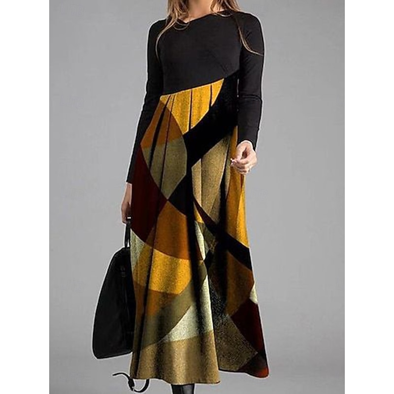 Women's Midi Dress A Line Dress Casual Daily Regular Fit Graphic Geometric Color Block Long Sleeve V Neck Dark Brown Yellow Blue Brown Spring Fall Winter
