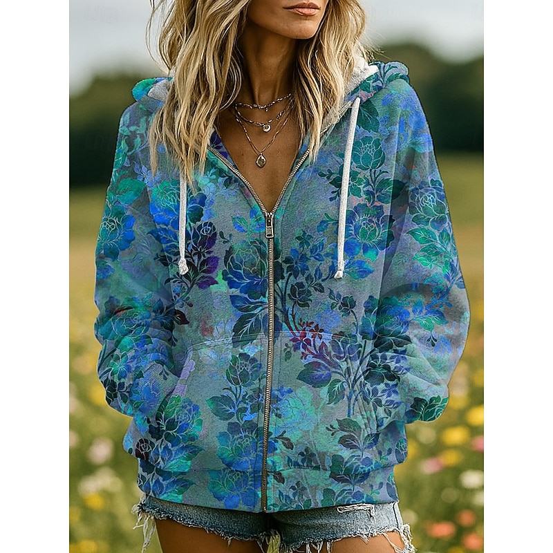 Women's 3D Print Vintage Boho Hoodie Patchwork Hoodie Sweatshirt Floral Zip Up s  Fashion Casual Long Sleeve Hooded  Street Dailywear Patchwork Zipper Pocket Red Blue Purple Fuchsia Green Spring Fall2