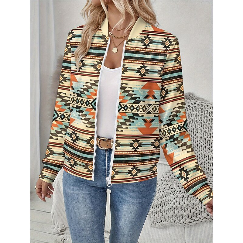 Women's Jacket Comfortable Print Outdoor Casual Boho Vintage Geometric Vacation Home Casual Daily Wear Short Baseball Collar Regular Fit Long Sleeve Outerwear Black And White Light Yellow Leopard