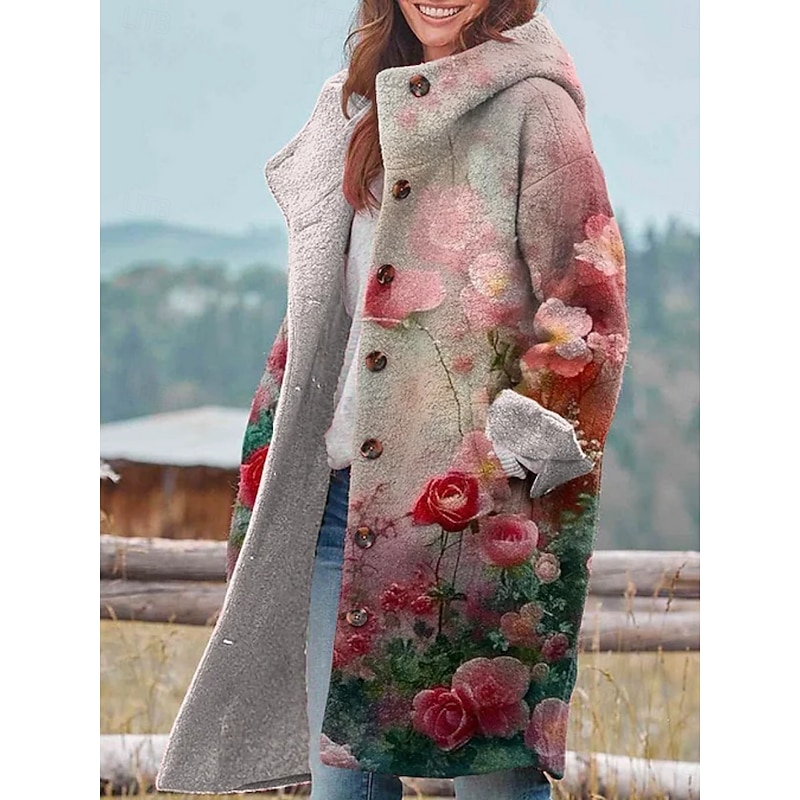 Women's Winter Jacket Fleece Jacket Coat Warm Breathable Pocket Buttons Print Active Daily Casual Floral Vacation Street Daily Single Breasted Long Hoodie Regular Fit Long Sleeve Outerwear Yellow