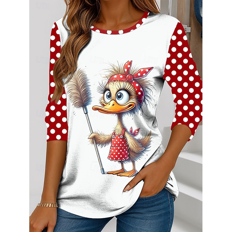 Women's T Shirt Graphic Cartoon Polka Dot Vintage Stylish Classic Long Sleeve Crew Neck Regular Tops Daily Print Red Blue Purple Green Spring Fall Winter
