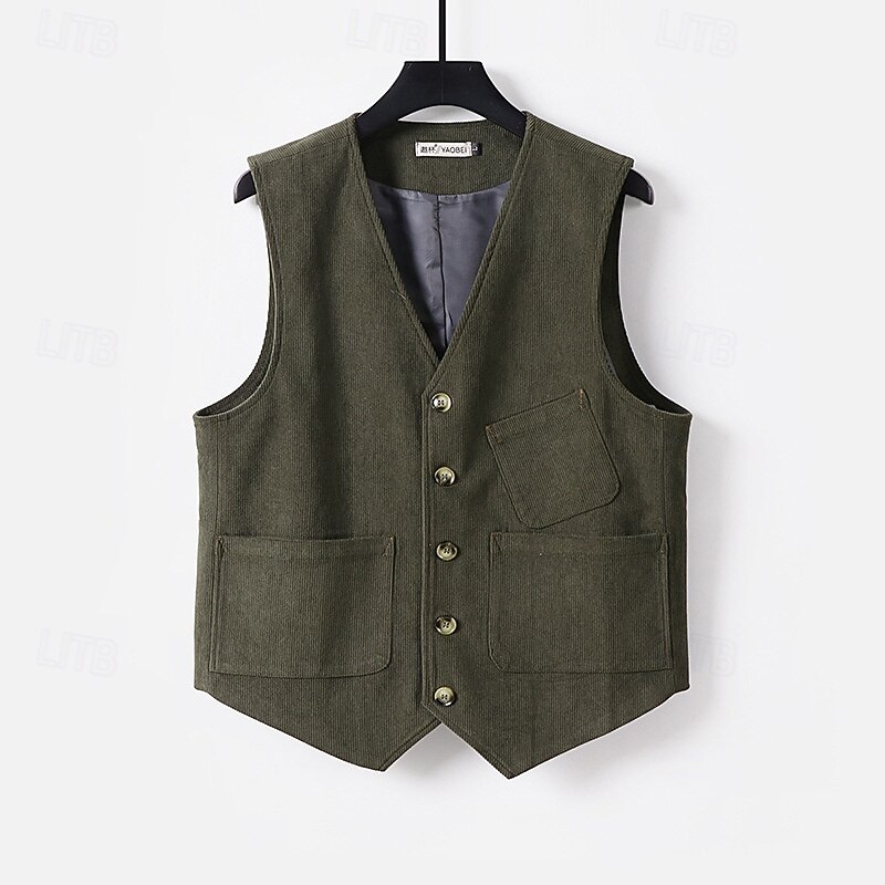Men's Corduroy Vest Vest Waistcoat Gilet Vacation Party Business Fashion Casual Spring Fall Pocket Buttons Polyester Comfortable Plain Single Breasted One-button V Neck Regular Fit Black Green Coffee2