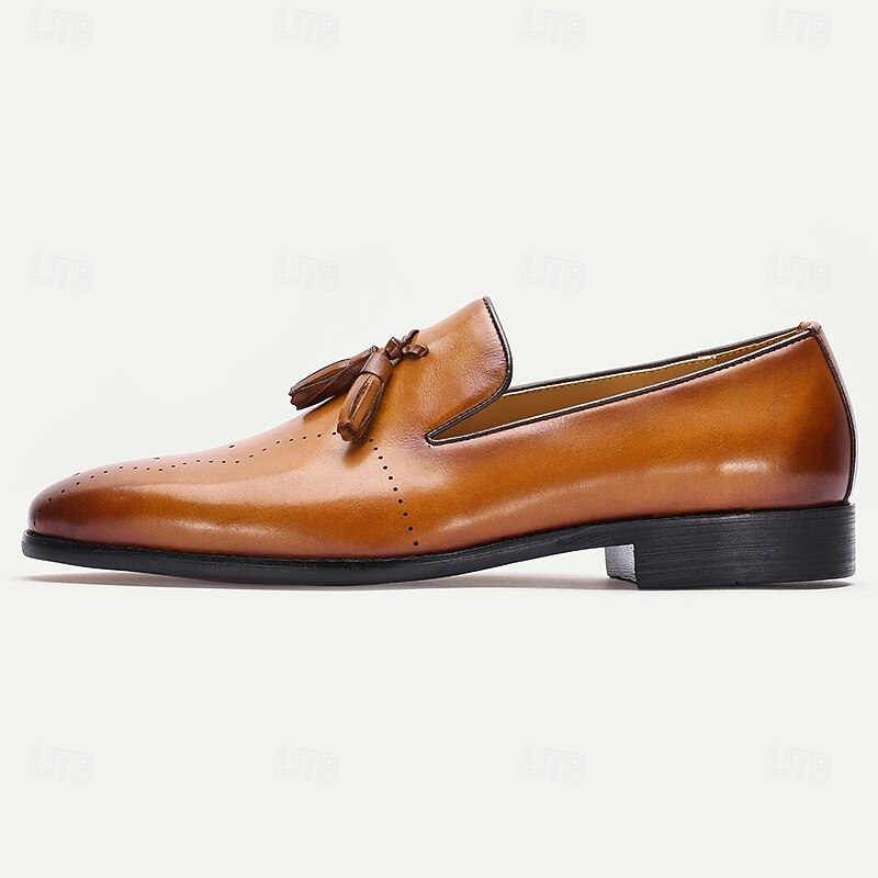 Men's Light Brown Leather Tassel Loafers – Classic Slip-On Formal Shoes with Perforated Design for Office, Cocktail Party and Wedding3