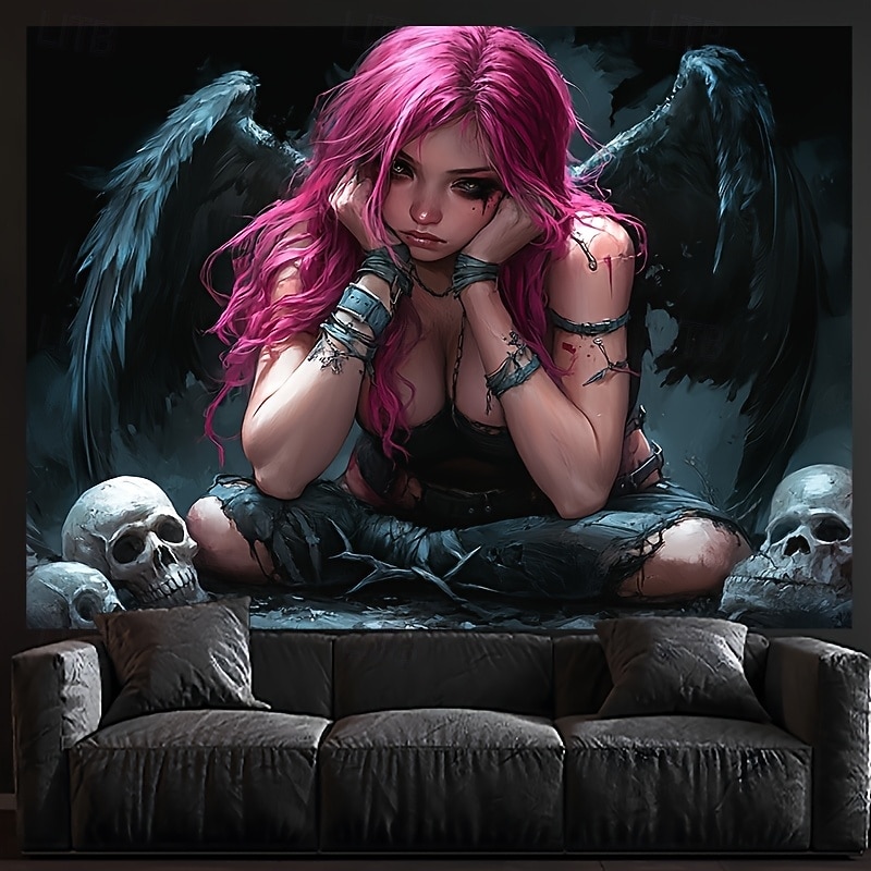 Dark and Light Angel Tapestry – Gothic Fantasy Wall Hanging with Black and White Wings, Forest and Fire Scene, Spiritual Wall Decor for Bedroom or Living Room4