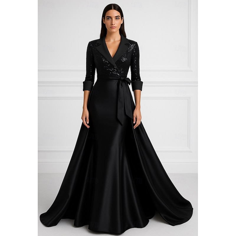 Tuxedo Dress A-Line Formal Wedding Wedding Guest Satin Glitter Elegant Glittering 3/4 Sleeve Pleated Floor Length Notched Lapels3
