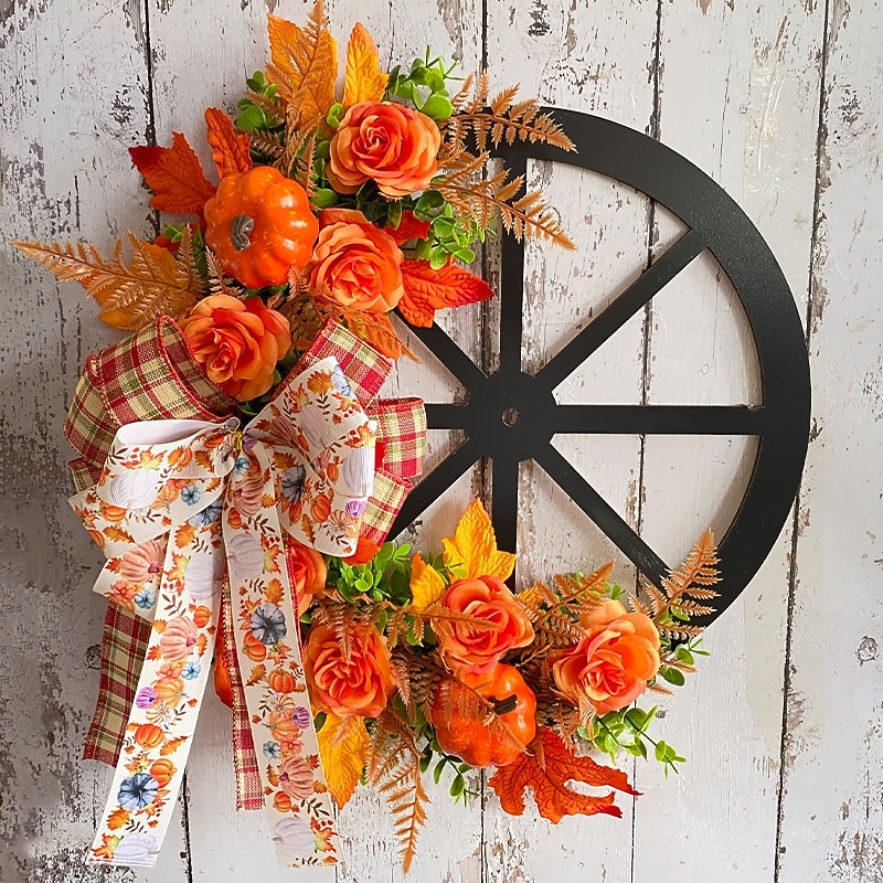 Fall Wreath For Front Door Thanksgiving Indoor Outdoor Decoration Pumpkin Wheel Harvest Festival Autumn Home Hanging Door Decor Seasonal Party Ornament2