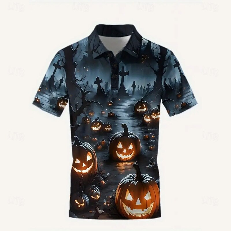 Halloween Men's Pumpkin Cross Polo Short Sleeve Polo Shirts Lapel Casual Dark Athleisure Festival Outfit 3D Print Buttons Summer Blue2
