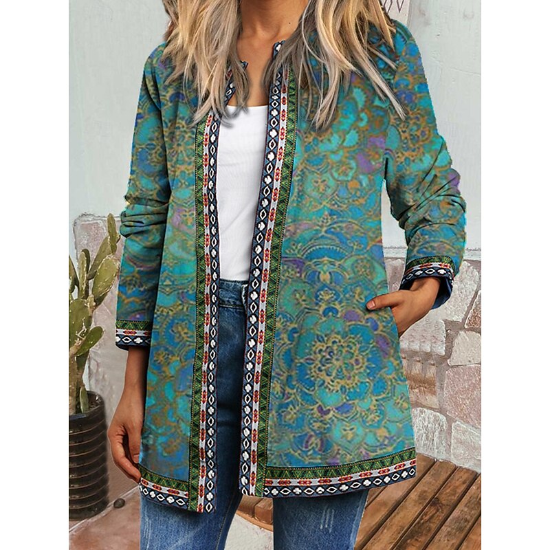 Women's Casual Jacket Windproof Warm Pocket Color Block Open Front with Pockets Modern Floral Casual Daily Casual Daily Short Crewneck Regular Fit Long Sleeve Outerwear Black Light Green Blue Fall4