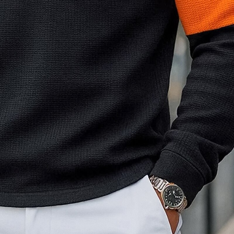 Men's Waffle Polo Shirts Polo Shirts Formal Casual Ribbed Polo Collar Long Sleeve Fashion Pumpkin Color Block Buttons Fall Spring &  Fall Regular Fit Black / Orange Waffle Polo Shirts3