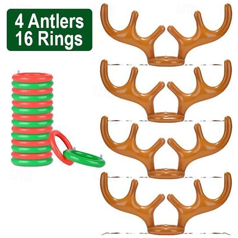 Christmas Reindeer Antler Ring Toss Game Family Set (4 Antlers + 16 Rings), Inflatable Ring Toss Party Toy, Fun Holiday Parent-Child Game for Kids & Adults4