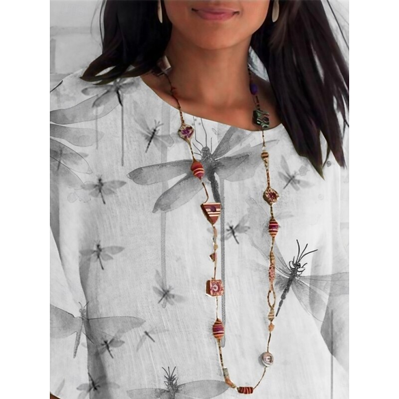 Women's Shirt Dragonfly Daily Casual 3/4 Length Sleeve Crew Neck Regular Tops Daily Holiday Print White Green Summer Spring Fall2