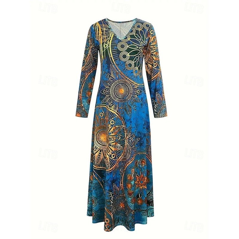 Women's Maxi Dress T Shirt Dress Tee Dress A Line Dress Vacation Casual Boho Date Regular Fit Floral Paisley Long Sleeve V Neck Royal Blue Dark Blue Fall Winter2