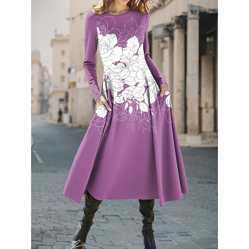 Women's Midi Dress A Line Dress Fit And Flare Dress Vacation Casual Daily Regular Fit Floral Graphic Long Sleeve Crew Neck Yellow Blue Purple Green Spring Fall Winter3