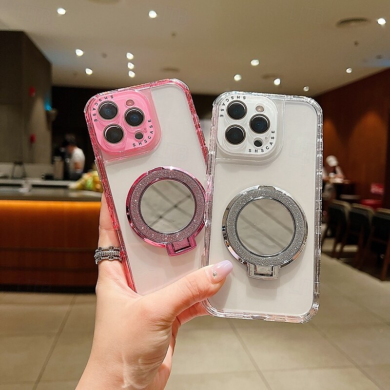 Phone Case For 16 15 14 Pro Max Plus 16e 13 Pro Max Back Cover Mirror Kickstand Shockproof Retro TPU PC2