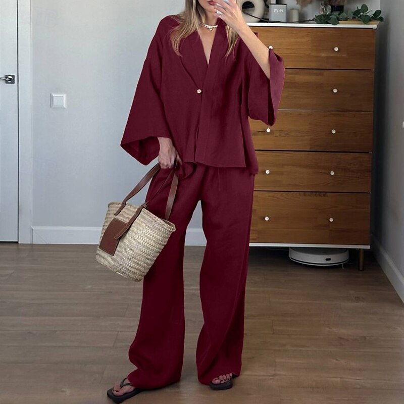 Women's 100% Cooton Elegant Vacation Vintage Pants Sets Long Sleeve Bell Sleeve V Neck Plain Vacation Casual Holiday Red Summer Loose Fit