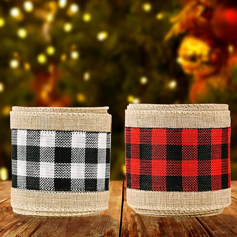 2 Rolls Christmas Burlap Edge Plaid Ribbon, Holiday Decorative Ribbon for Bows, Crafts, Gift Wrapping, Christmas Tree and DIY Decorations4