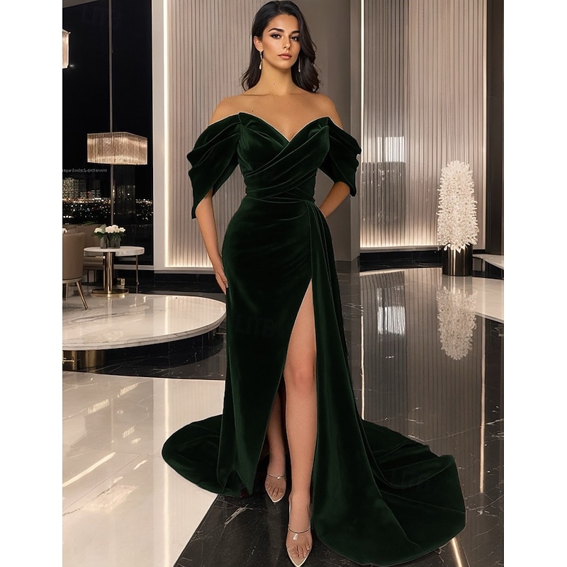 Burgundy Stretch Velvet Evening Gown Elegant Dress Formal Wedding Sweep / Brush Train Sleeveless Off Shoulder Sequined with Pleats 20254