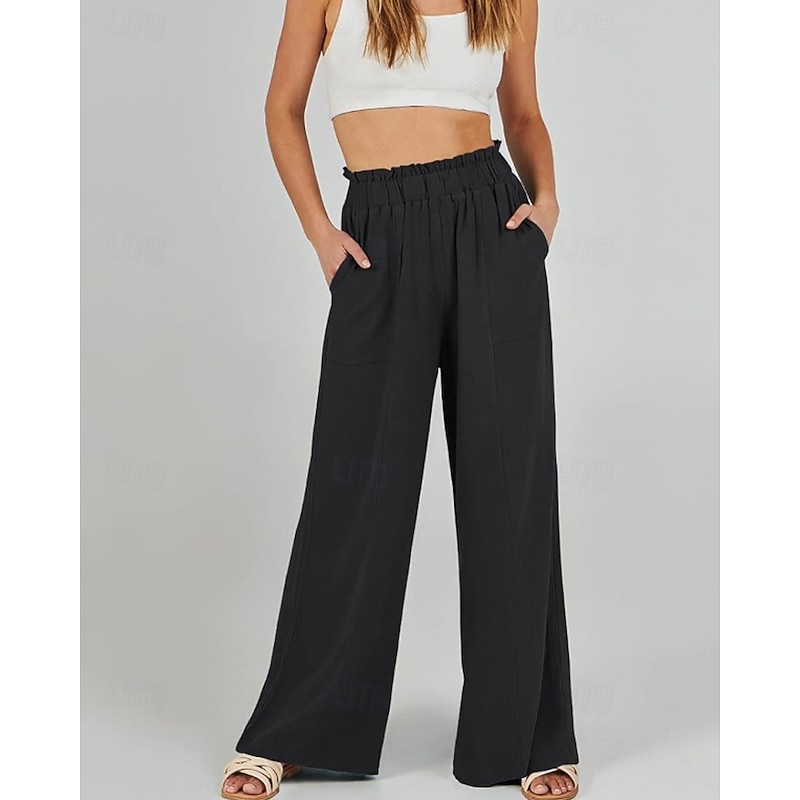 Women's Wide Leg Slacks Streetwear Casual Full Length Natural Plain Pocket Elastic Waist Soft Holiday Daily Wear Weekend Apricot Black Khaki Fall Regular Fit2