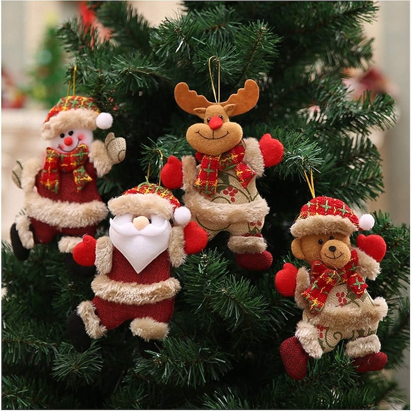 4pcs Christmas Plush Dolls Ornaments Santa Claus, Snowman, Reindeer & Bear Hanging Decorations Fabric Holiday Figurines for Xmas Tree, Home, Party & Gifts