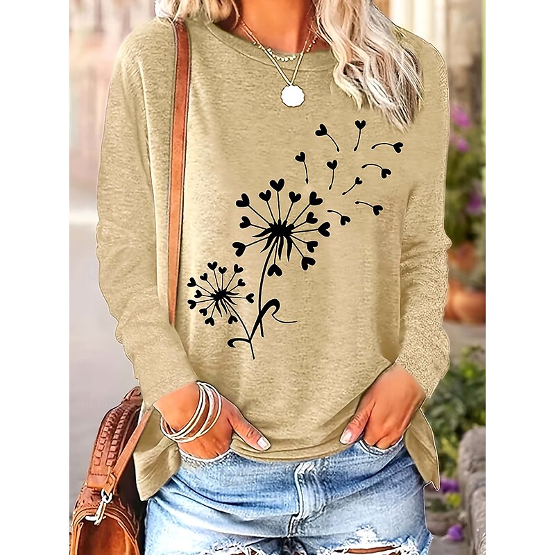 Women's T Shirt Floral Graphic Plants Vintage Stylish Classic Long Sleeve Crew Neck Round Neck Regular Tops Daily Print Black Dusty Rose Dusty Blue Khaki Summer Spring Fall2