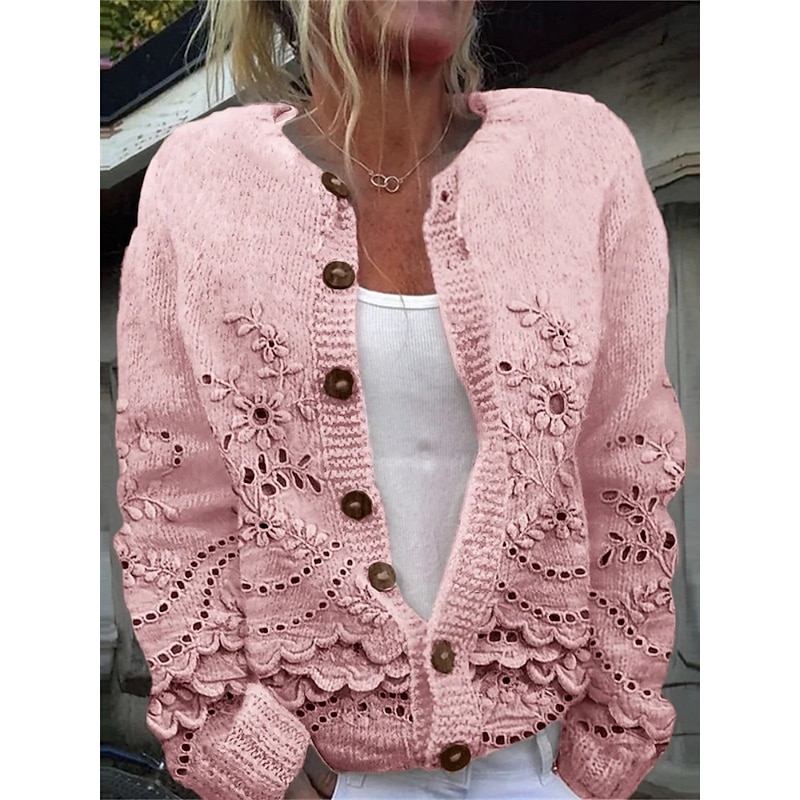 Women's Cardigan Vacation Daily Floral Ribbed Crew Neck Buttons Print Long Sleeve Regular Tops Knit Outdoor Daily Holiday White Pink Fall Winter