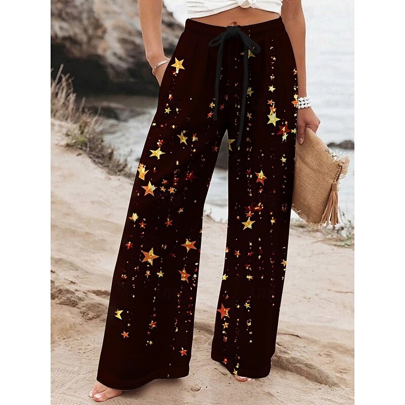 Women's Wide Leg Pants Trousers Vacation Casual Long High Waist Star Elastic Waist Printing High Cut Breathability Soft Micro-elastic Vacation Street Daily Wear Black Spring Fall Regular Fit