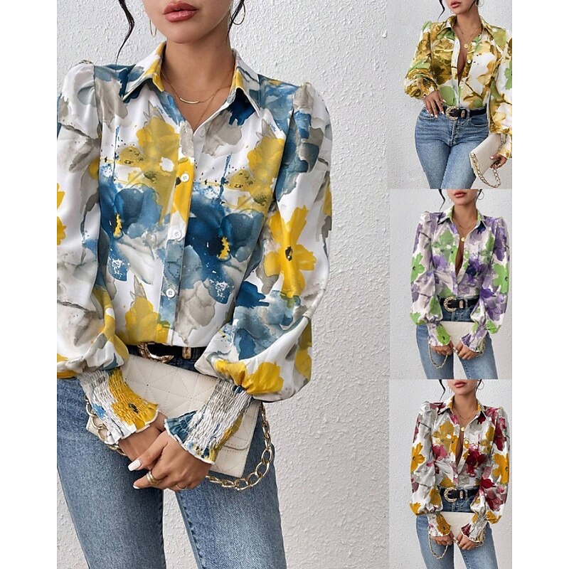 Women's Shirt Blouse Flower Modern Casual Long Sleeve Shirt Collar Regular Tops Daily Going out Print Red Blue Purple Green Fall