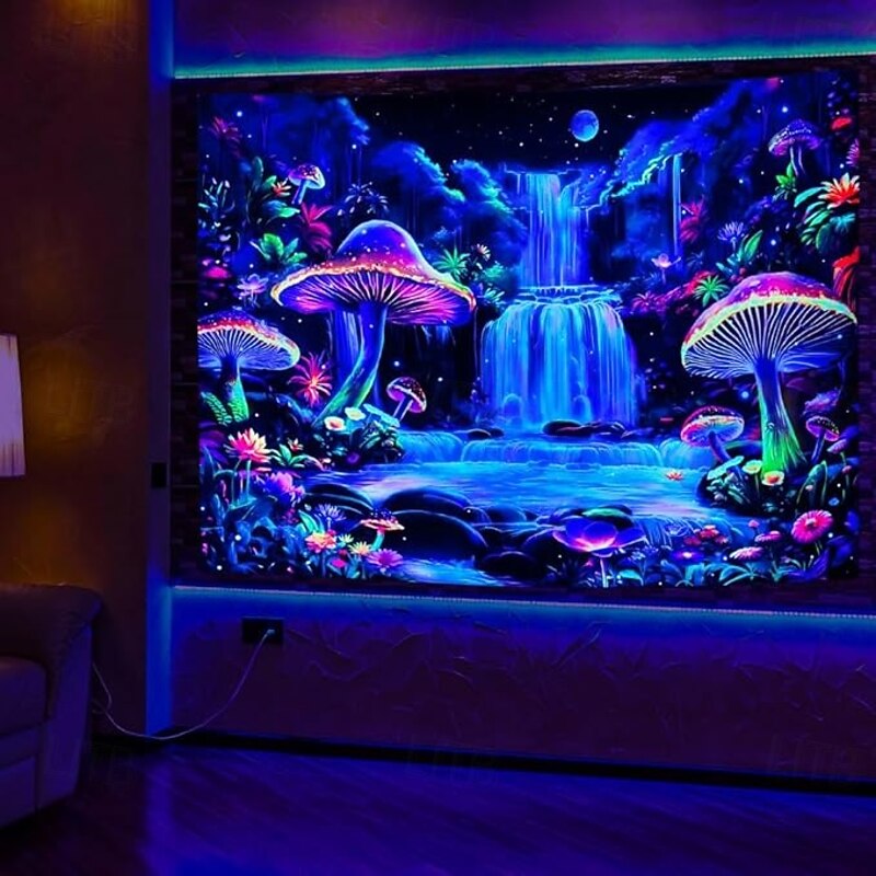 Mushroom Waterfall Blacklight Tapestry – Trippy Psychedelic Glow in the Dark Wall Hanging for Bedroom or Dorm Decor3