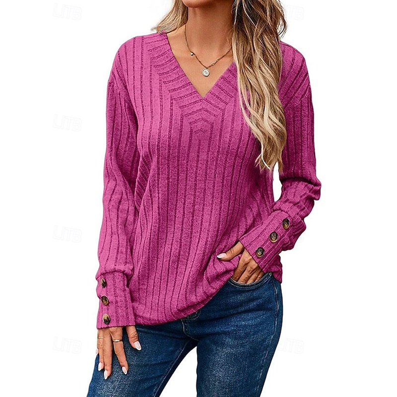 Women's Sweater Pullover Daily Stylish Casual Solid Color Ribbed V Neck Buttons Knitted Long Sleeve Regular Tops Knit Daily Holiday Going out Black Wine Fall Winter4