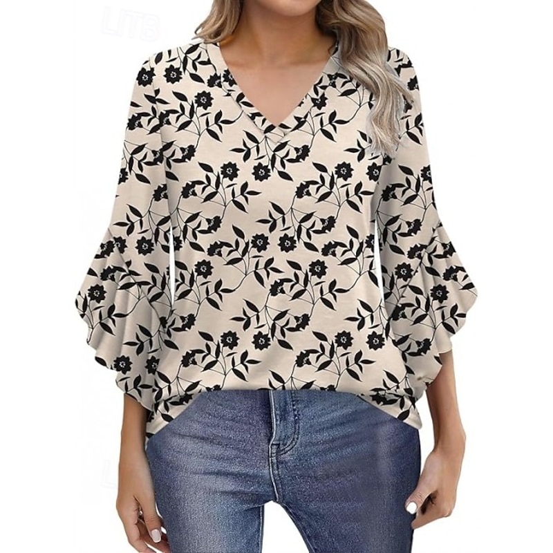 Valentine's Day Women's Blouse Bohemia Fashion Trendy 3/4 Length Sleeve V Neck Regular Tops Daily Party Outfits Date Night Outfits Black White Pink Red Blue Spring Fall2