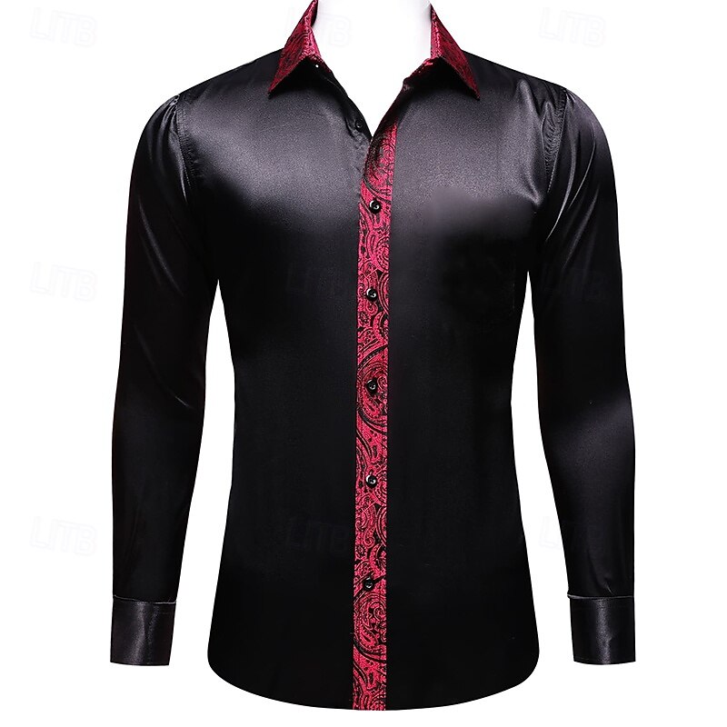 Men's Shirt Silk Like Satin Shirt Casual Shirt Button Up Shirt Prom Shirt Plain Formal Wedding Black Long Sleeve Lapel Spring &  Fall All Seasons Clothing Apparel Patchwork2