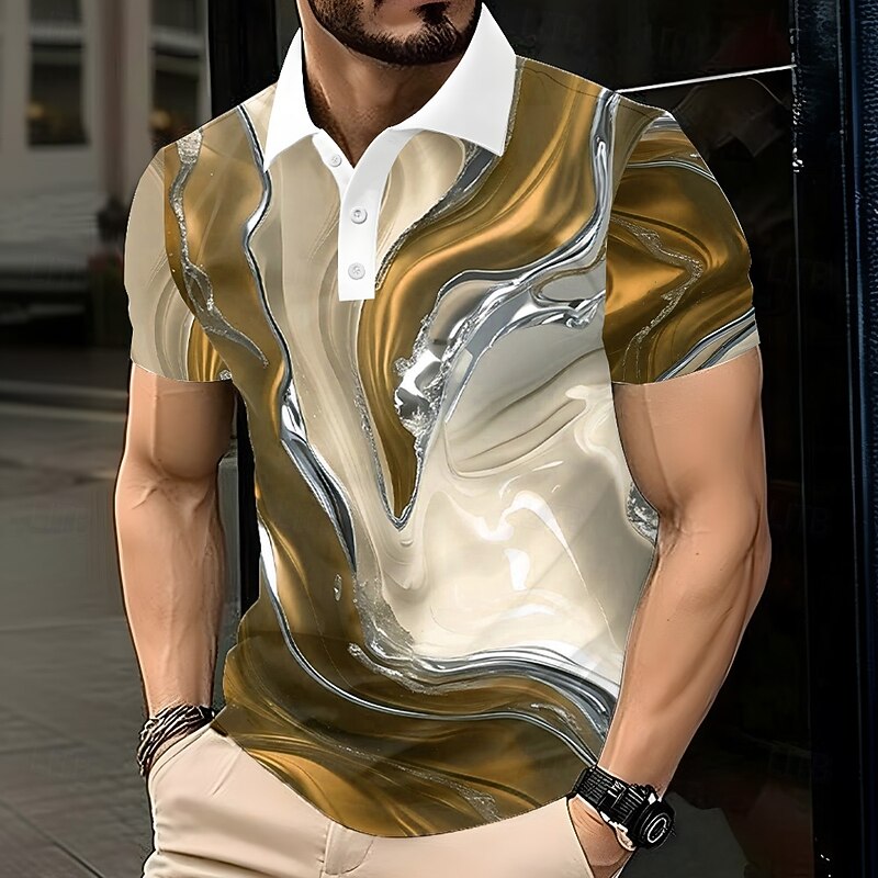 Men's Abstract Marble Polo Short Sleeve Polo Shirts Lapel Business Casual Athleisure Daily Wear 3D Print Buttons Summer Blue Gold Green3