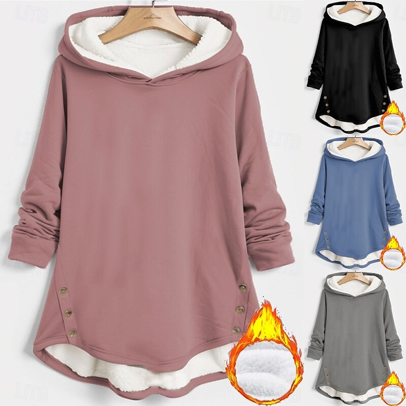 Women's Pullover Hoodie Sweatshirt Graphic Plain Warm Casual Long Sleeve Hooded Long Tops Street Dailywear Buttons Print Black Dark Pink Blue Gray Fall Winter