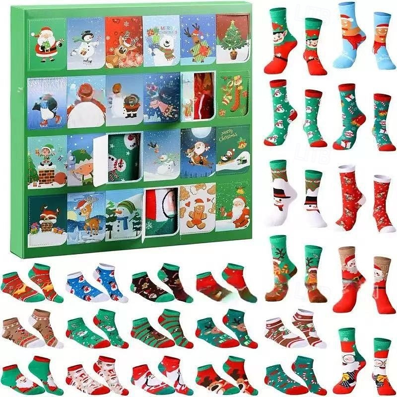 Christmas Socks Advent Calendar Xmas Gift 12/24 Pairs For Kid Advent Box Socks Christmas Countdown, Santa Elk Snowman Tree Pattern for Gifts Advent Calendar2