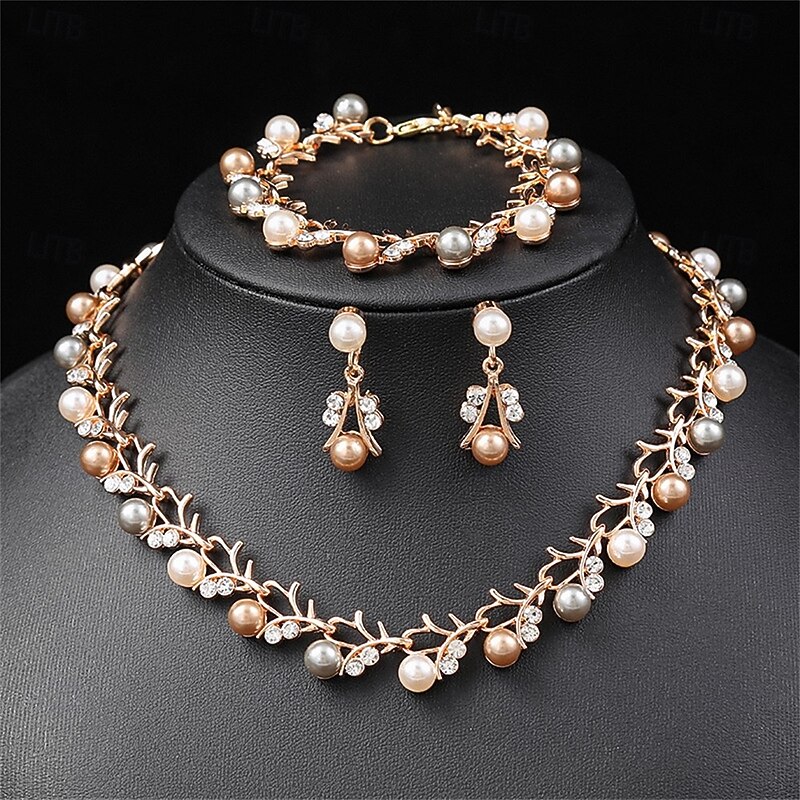 Jewelry Set Three-piece Suit Pearl Pearl Chrome 1 Necklace Earrings Necklace Women's Elegant Vintage Fashion Vintage Style Classic Floral Jewelry Set For Wedding Party Wedding Guest2