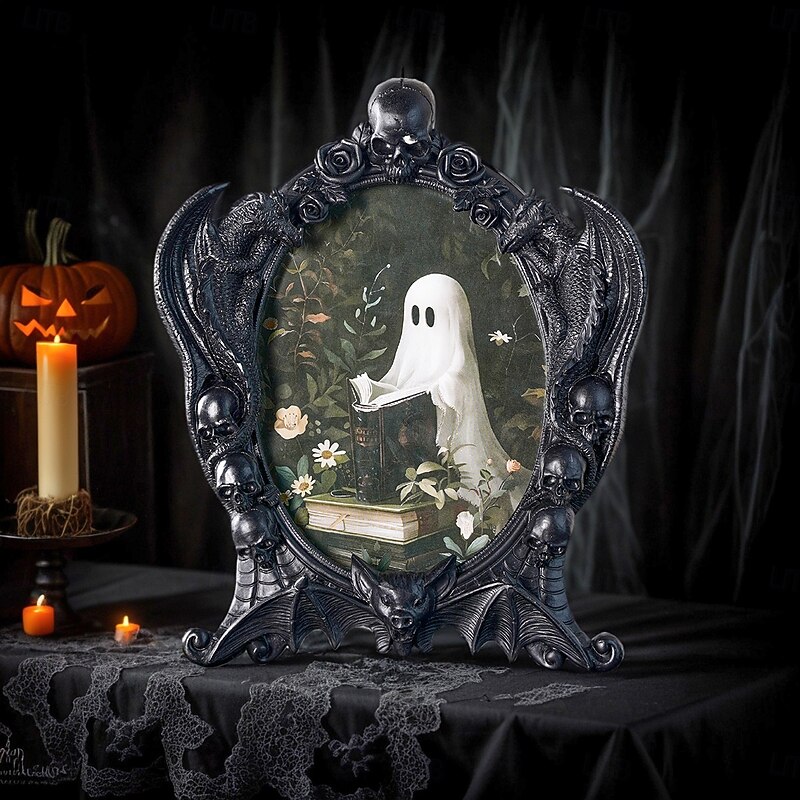 Halloween Ghost Photo Frame, 3D Resin Skeleton Dragon Skull Picture Frame with Spooky Book-Loving Ghost Design, Haunted House Party Decorations and Home Decor for Living Room Bedroom Study
