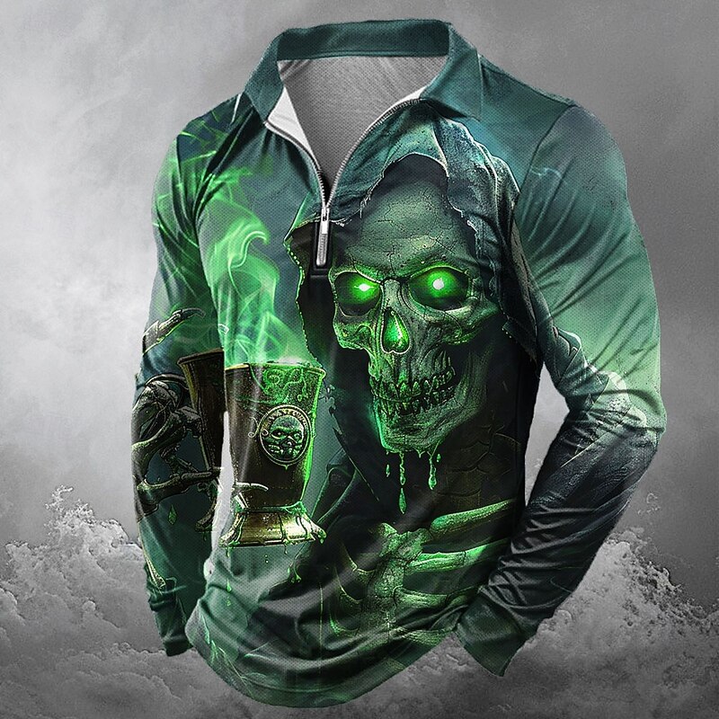 Day of the Dead Men's Skull Skulls Zip Polo Shirts Long Sleeve Polo Shirts Lapel Casual Horror Dark Outdoor Festival Outfit 3D Print Spring Fall Winter Red Blue Purple
