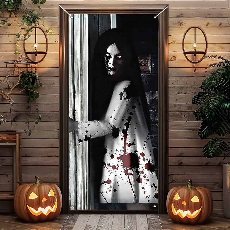 Halloween Door Cover Outdoor Banners Witch Ghost Psychedelic Dark Punk Gothic Style Party Outdoor Shooting Backgrounds Front Door Wall Porch Home Decor4