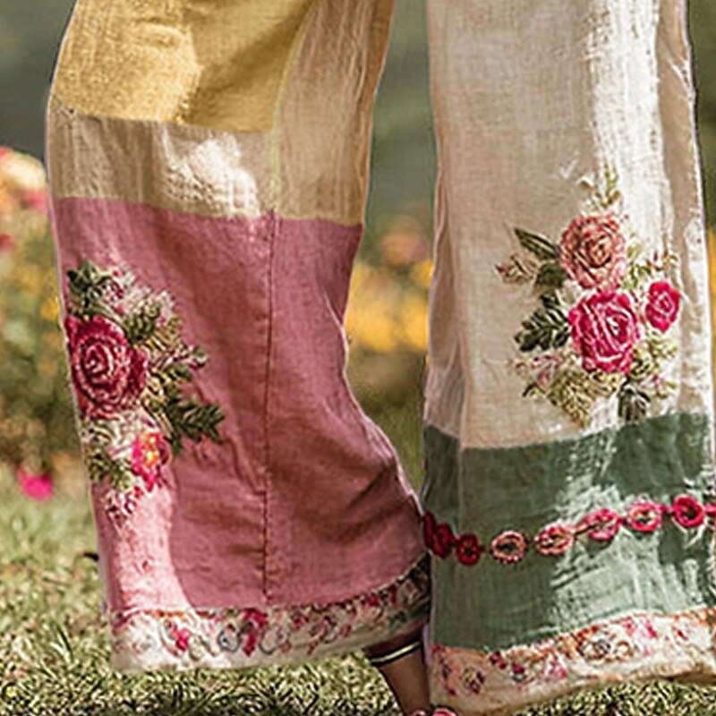 Women's Wide Leg Pants Trousers Palazzo Pants Vintage Boho Full Length High Waist Color Block Flower Elastic Waist Printing Breathability Comfortable Street Daily Wear Going out Pink Spring Fall3