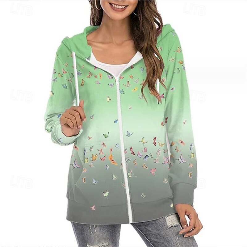 Women's Zip Up Hoodies Floral Tie Dye Streetwear Casual Long Sleeve Hooded Regular Tops Street Going out Zipper Print White Yellow Blue Green Gray Fall3