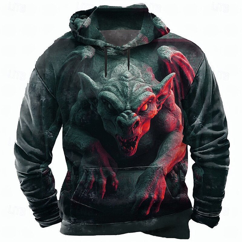 Men's Dragon Hoodie Sweatshirt Cool Party Crew Neck Club Streetwear Red Orange Drawstring Fall Winter Designer3