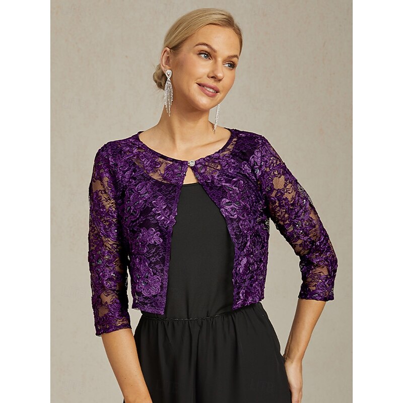 Women's Jacket Blazer  Lace Embroidered Sequin Open Front Elegant Floral Formal Anniversary Party Wedding Guest Open Front Short Crewneck Regular Fit 3/4 Length Sleeve Outerwear Eggplant