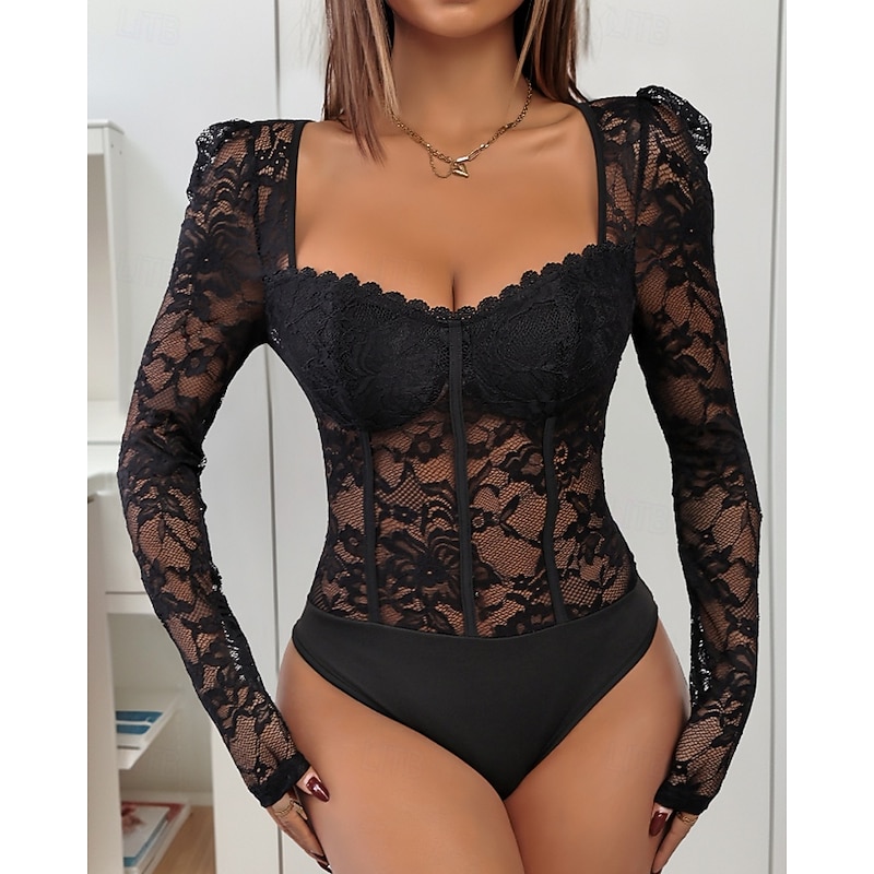 Women's Normal Bodysuit Streetwear Solid Color Long Sleeve Square Neck Lace Vacation Holiday Regular Fit Black White Wine Fall2