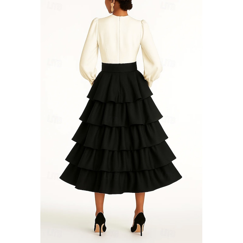 Black and White A-Line Shirtdress Gown Cocktail Dresses Tiered Dress Elegant Dress Formal Wedding Tea Length Long Sleeve Puff Sleeve V Neck Satin with Ruffles 20252