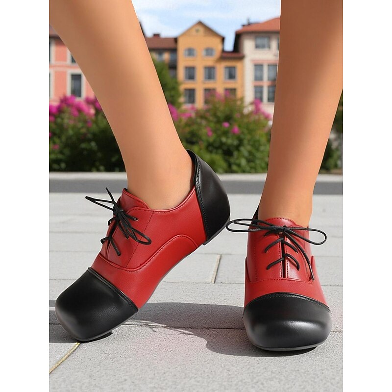 Women's Red and Black Oxford Shoes - Faux Leather Lace-Up Casual Flats, 1950s Vintage Retro Style Dress Shoes for Parties, Stage Performance and Daily Wear3