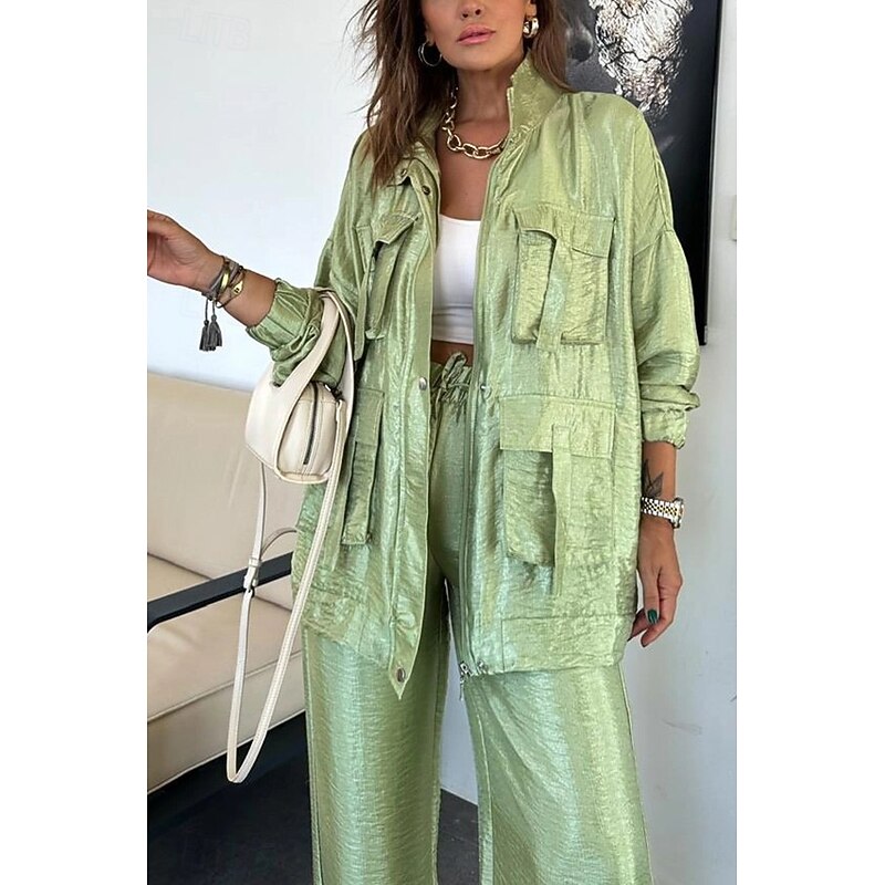 Women's Suits Comfortable Drawstring Pocket Full Zip Sports Fashion Daily Retro Plain School Vacation Home Office Cardigan Regular Stand Collar Loose Fit Long Sleeve Outerwear Silver Lake blue Black