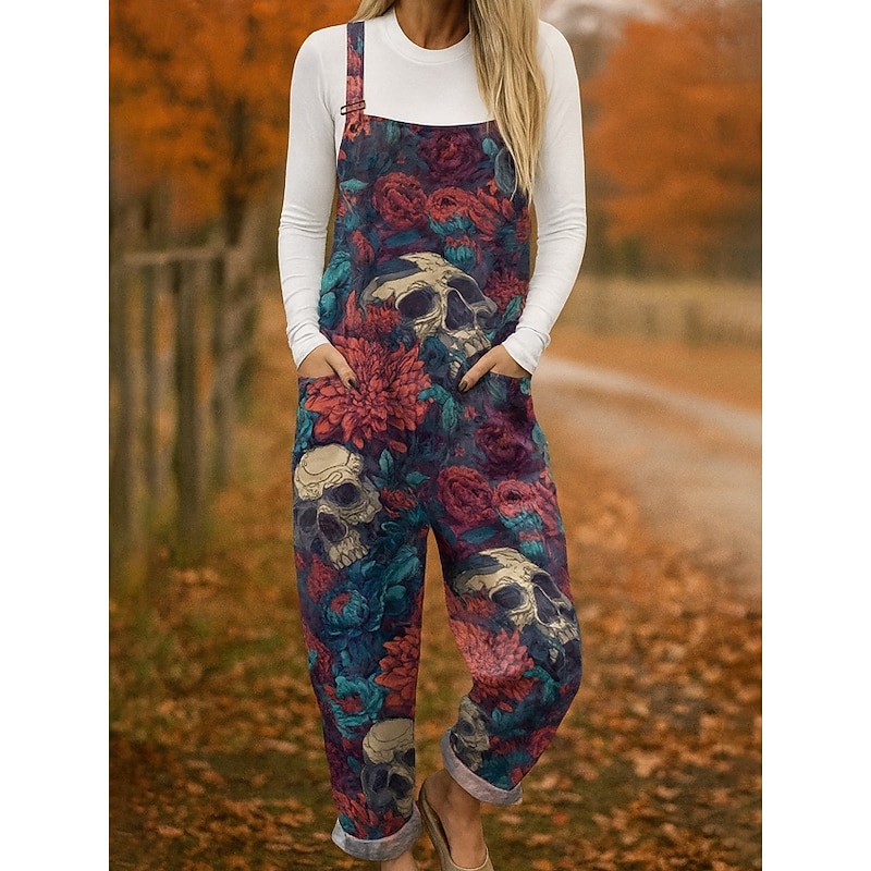 Halloween 100% Cotton Women's Dungarees Lightweight Floral Sleeveless Sleeveless Wide Leg Round Neck Pocket Vacation Daily Loose Fit Black White Red Fall